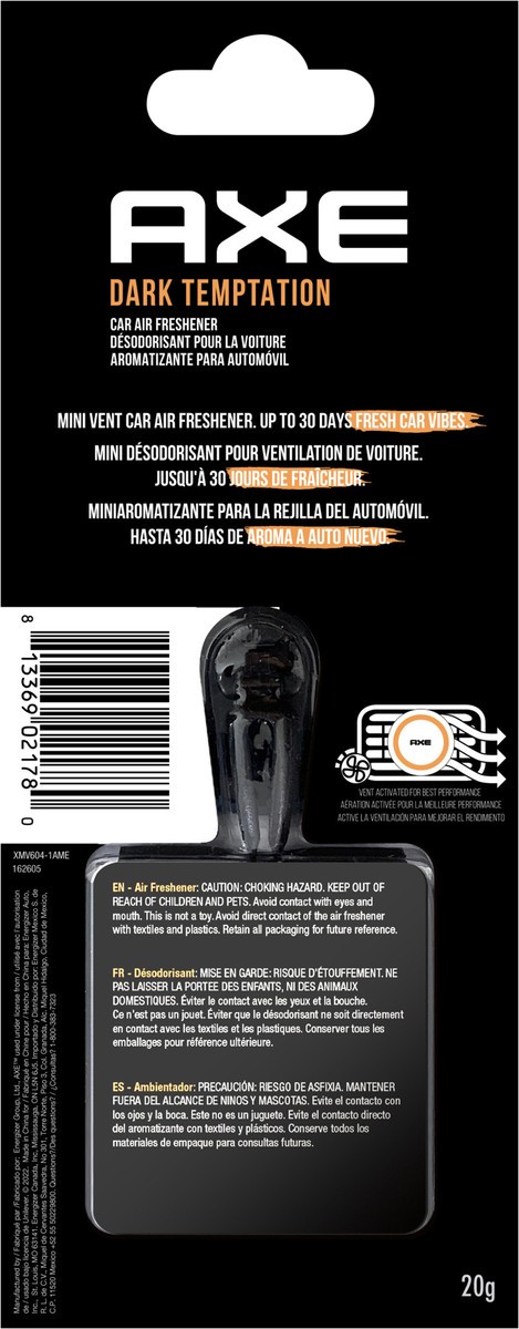 slide 2 of 3, Axe Mini Vent Clip Car Air Freshener (Dark Temptation Scent, 1 Pack), 0.70 fl oz