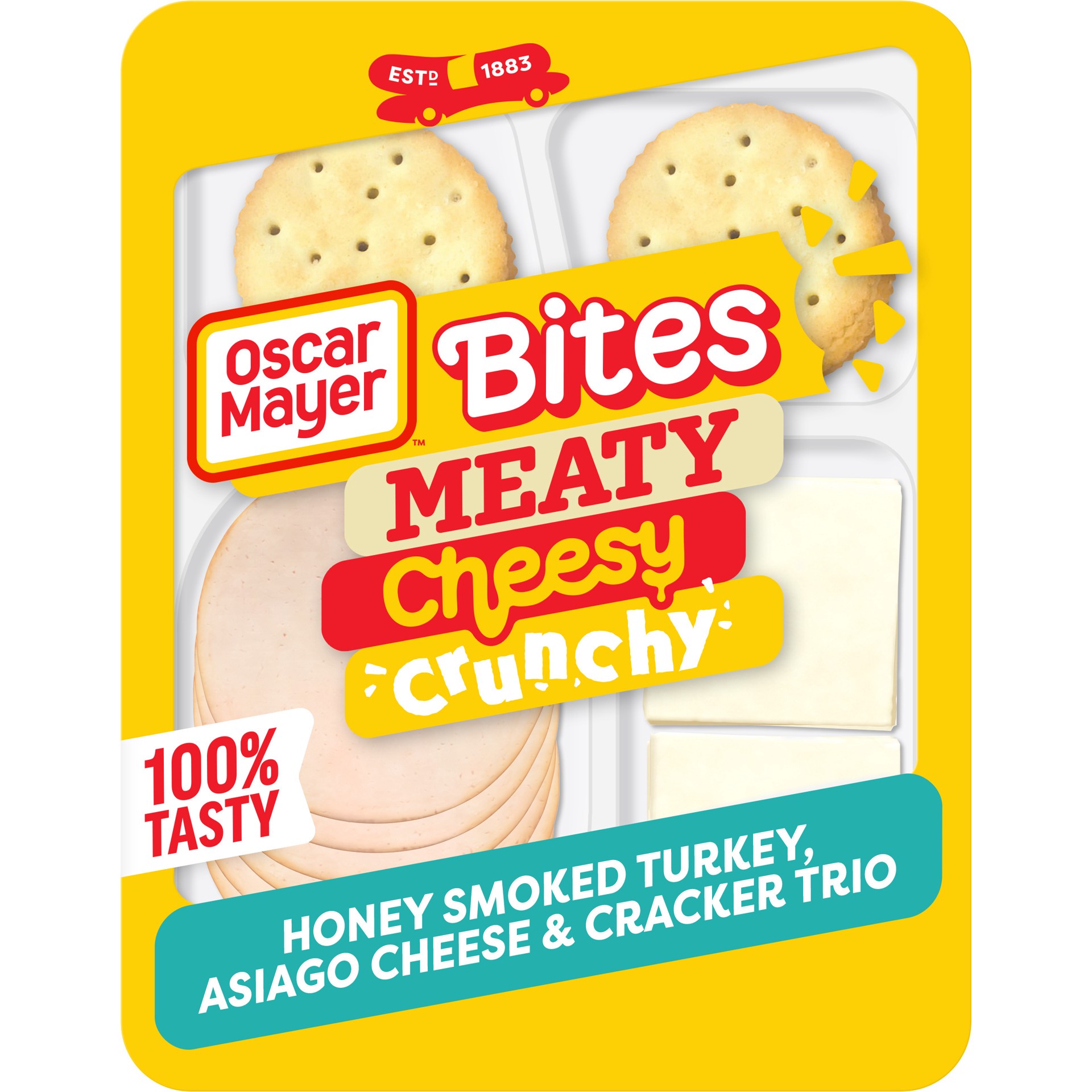 slide 1 of 5, Oscar Mayer Bites Honey Smoked Turkey, Asiago Cheese & Cracker Trio Meat & Cheese Snack Plate, 3.3 oz Tray, 3.3 oz