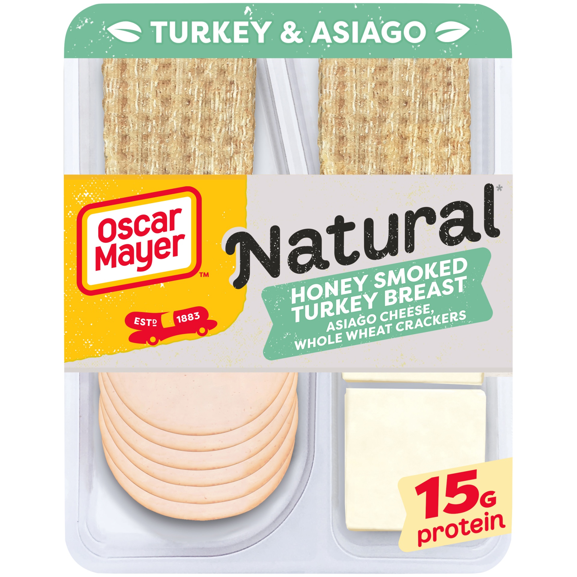 slide 1 of 2, Oscar Mayer Natural Meat & Cheese Snack Plate with Honey Smoked Turkey Breast, Asiago Cheese & Whole Wheat Crackers Tray, 3.3 oz