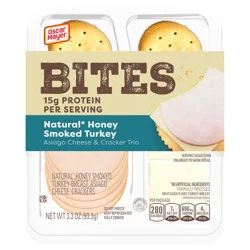 Oscar Mayer Bites Natural Honey Smoked Turkey, Asiago Cheese & Cracker Trio Lunch Kit, 1 Tray, for Easy Lunch and On-the-Go Snacking, 16g Protein Snacks, 3.3 oz
