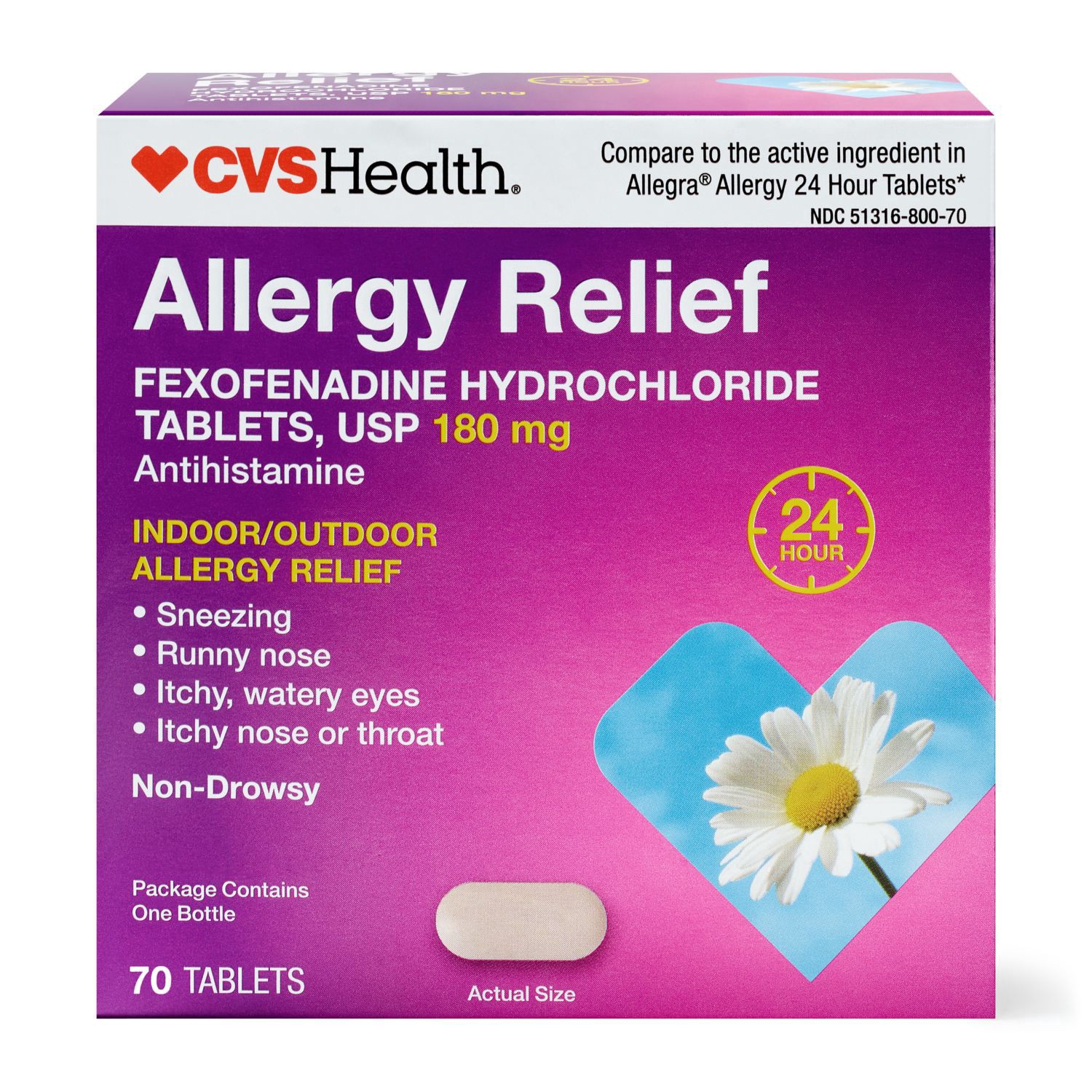 slide 1 of 1, Cvs Health Allergy Relief Fexofenadine 180Mg Tablets 24-Hour, 70 Ct, 70 ct