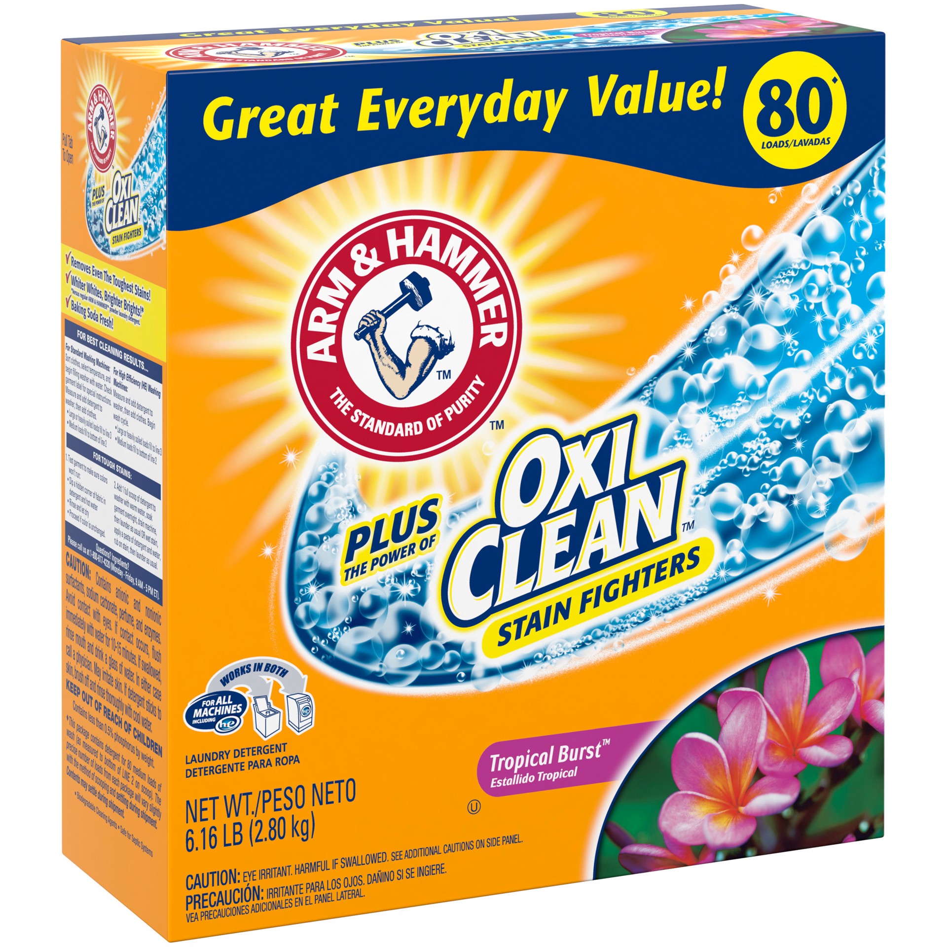 slide 2 of 4, Arm & Hammer Plus OxiClean Powder Laundry Detergent, Tropical Burst, 80 Loads, 6.16 lb