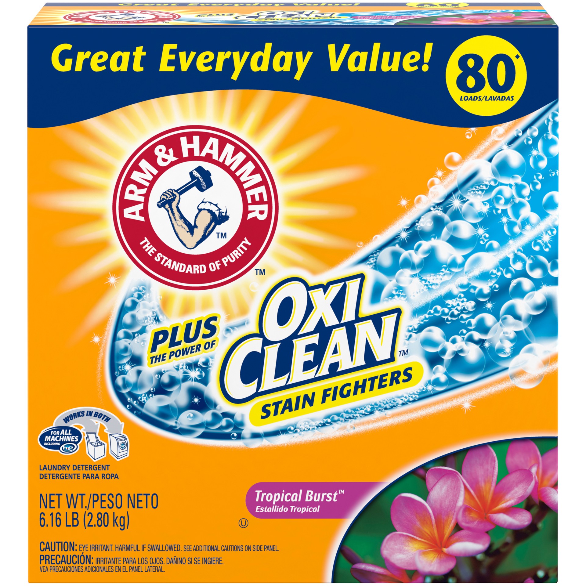 slide 1 of 4, Arm & Hammer Plus OxiClean Powder Laundry Detergent, Tropical Burst, 80 Loads, 6.16 lb