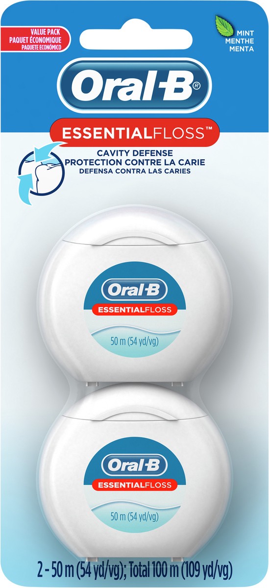 slide 3 of 3, Oral-B EssentialFloss Mint Dental Floss, Cavity Defense, Waxed, Value 2 Pack (50m Each), 2 ct