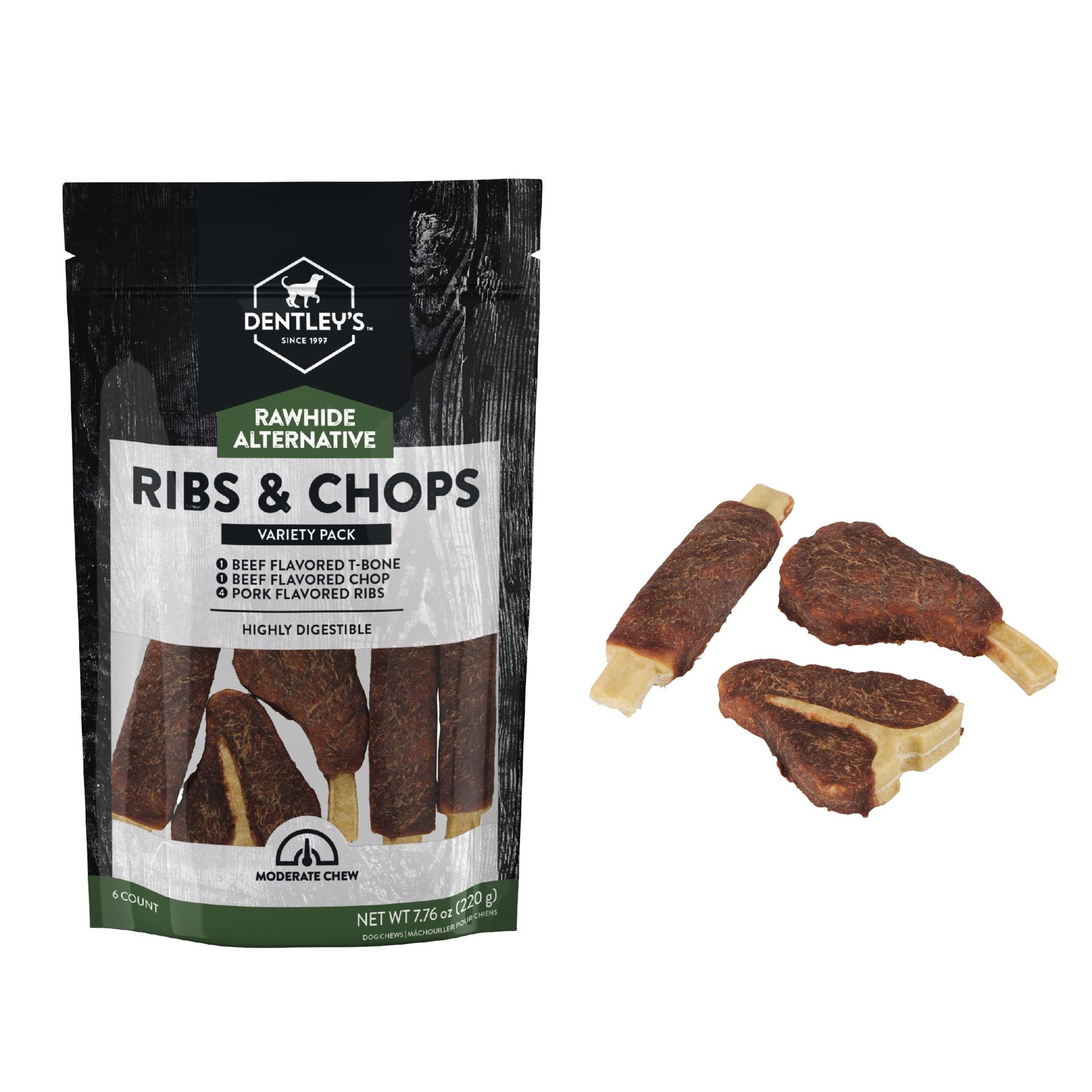 slide 1 of 1, Dentley's Rawhide Alternative Ribs And Chops Variety Pack 6 Count 7.76 Oz, 6 ct