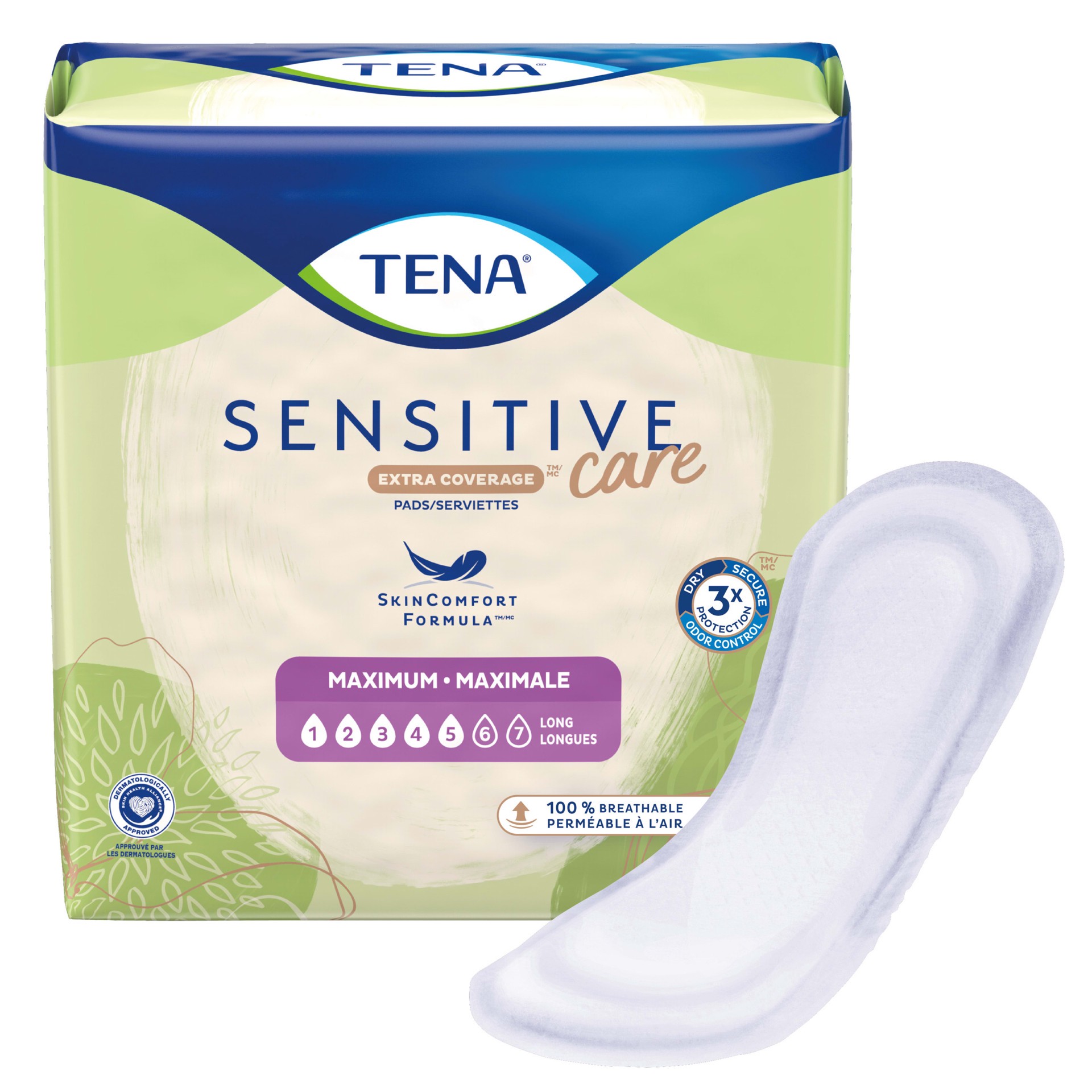 slide 6 of 8, Tena Sensitive Care Maximum Absorbency Incontinence/Bladder Control Pad for Women, Long Length - 39 Count, 39 ct