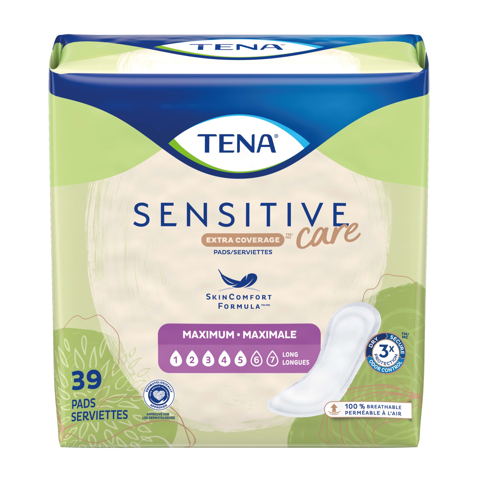 slide 2 of 8, Tena Sensitive Care Maximum Absorbency Incontinence/Bladder Control Pad for Women, Long Length - 39 Count, 39 ct