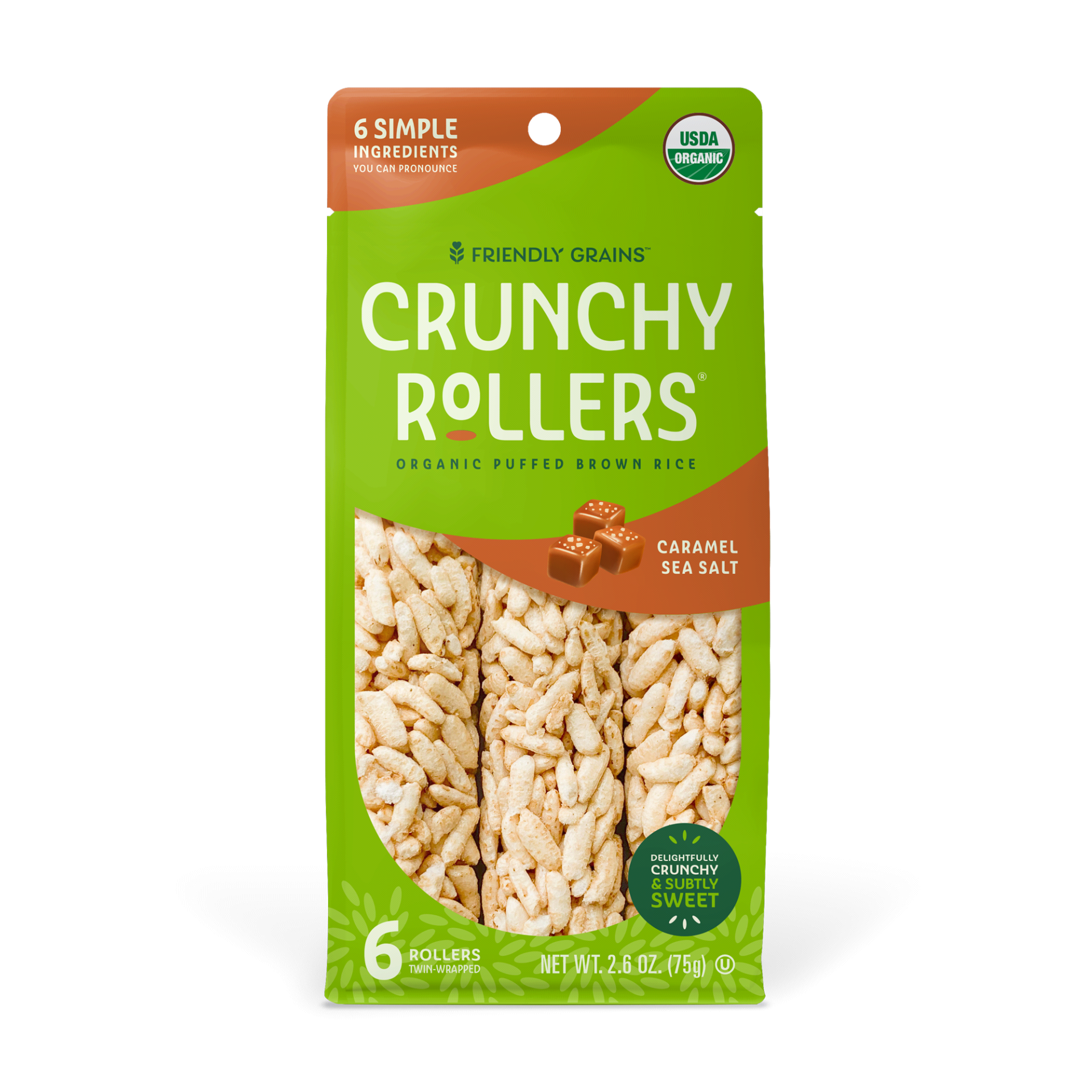 slide 1 of 13, Friendly Grains Sea Salt Caramel Crunchy Rollers 6 ea, 2.6 oz