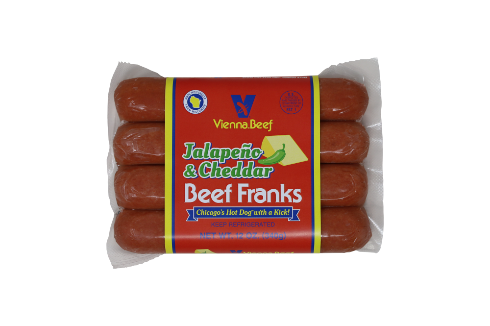 slide 1 of 2, Vienna Beef Jalapeño & Cheddar Beef Franks, 12 oz