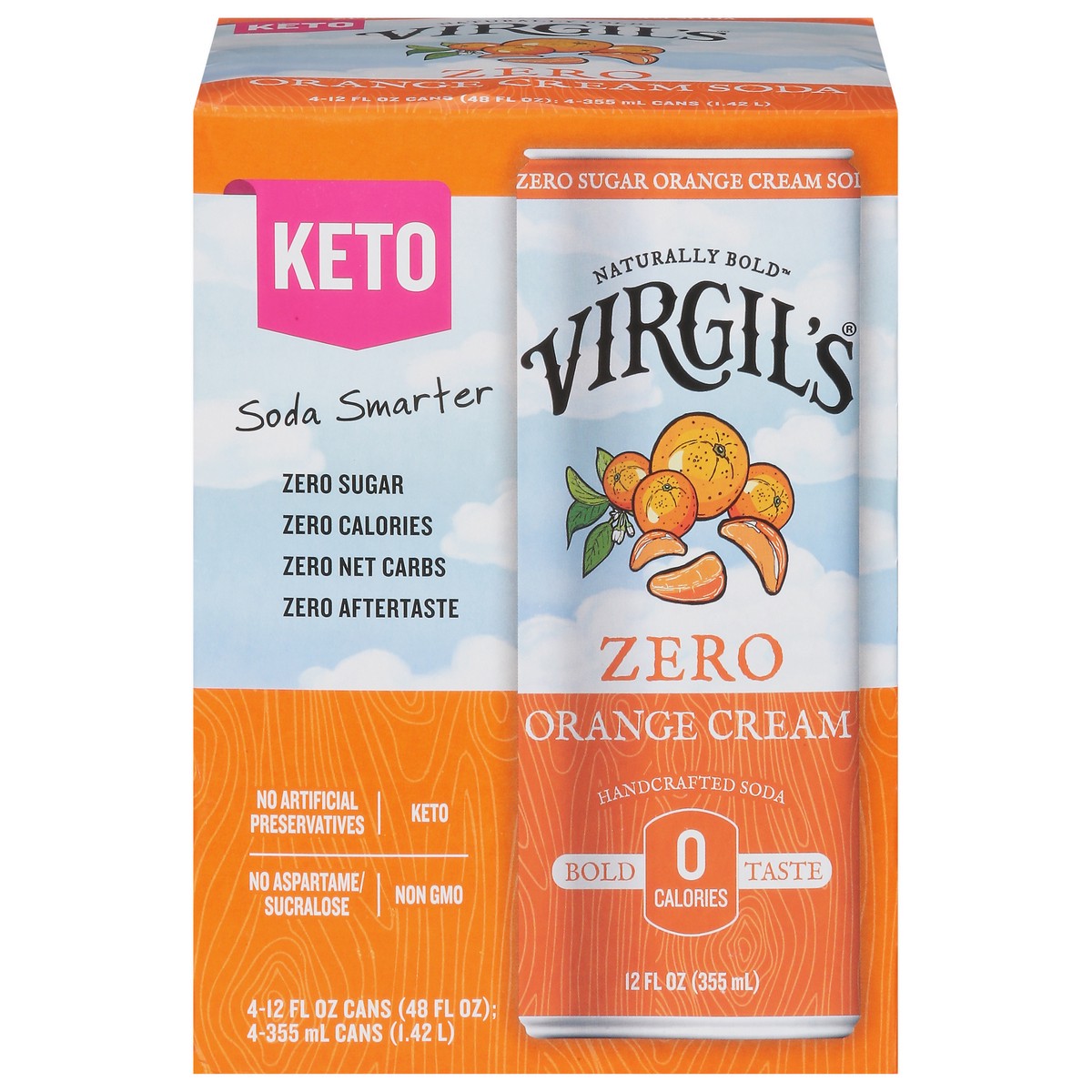 slide 1 of 14, Virgil's Zero Sugar Orange Cream Soda- 48 fl oz, 4 ct; 12 oz