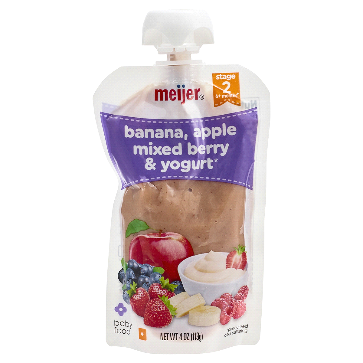 slide 1 of 5, Meijer Banana, Apple, Mixed Berry, and Yogurt Baby Food Pouch, 4 oz