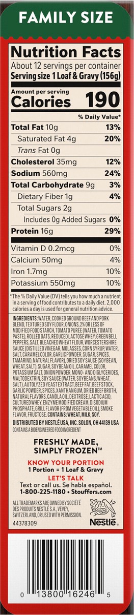 slide 12 of 12, Stouffer's Stouffer’s Meatloaf, Two Family Size Trays, Frozen Meatloaf 66 oz, 2 ct