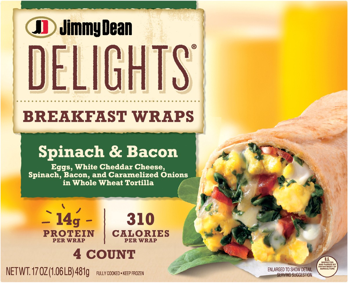 slide 7 of 8, Jimmy Dean Delights Breakfast Wrap, Spinach & Bacon, Frozen, 4 Count, 4 ct