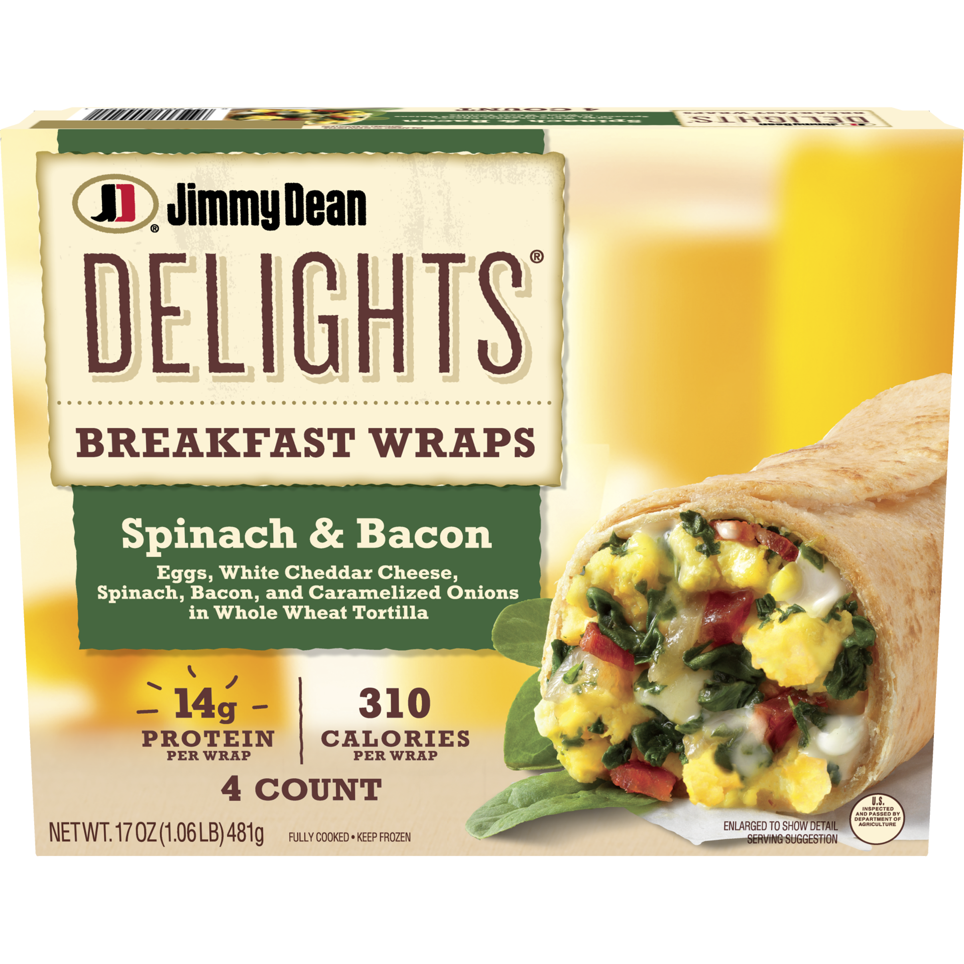 slide 1 of 8, Jimmy Dean Delights Breakfast Wrap, Spinach & Bacon, Frozen, 4 Count, 4 ct