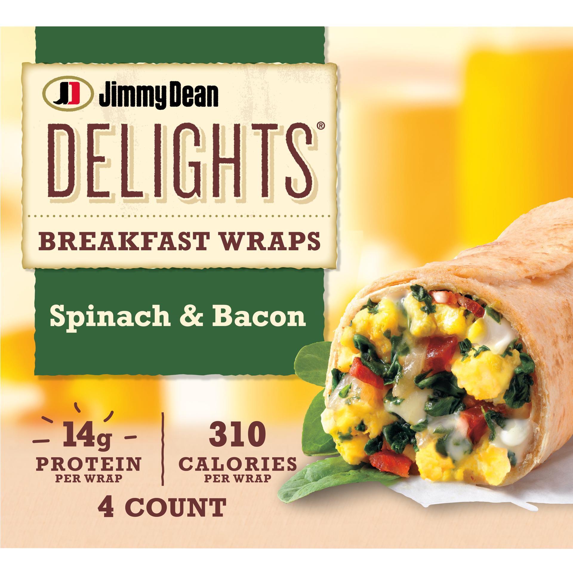 slide 1 of 8, Jimmy Dean Delights Breakfast Wrap, Spinach & Bacon, Frozen, 4 Count, 4 ct