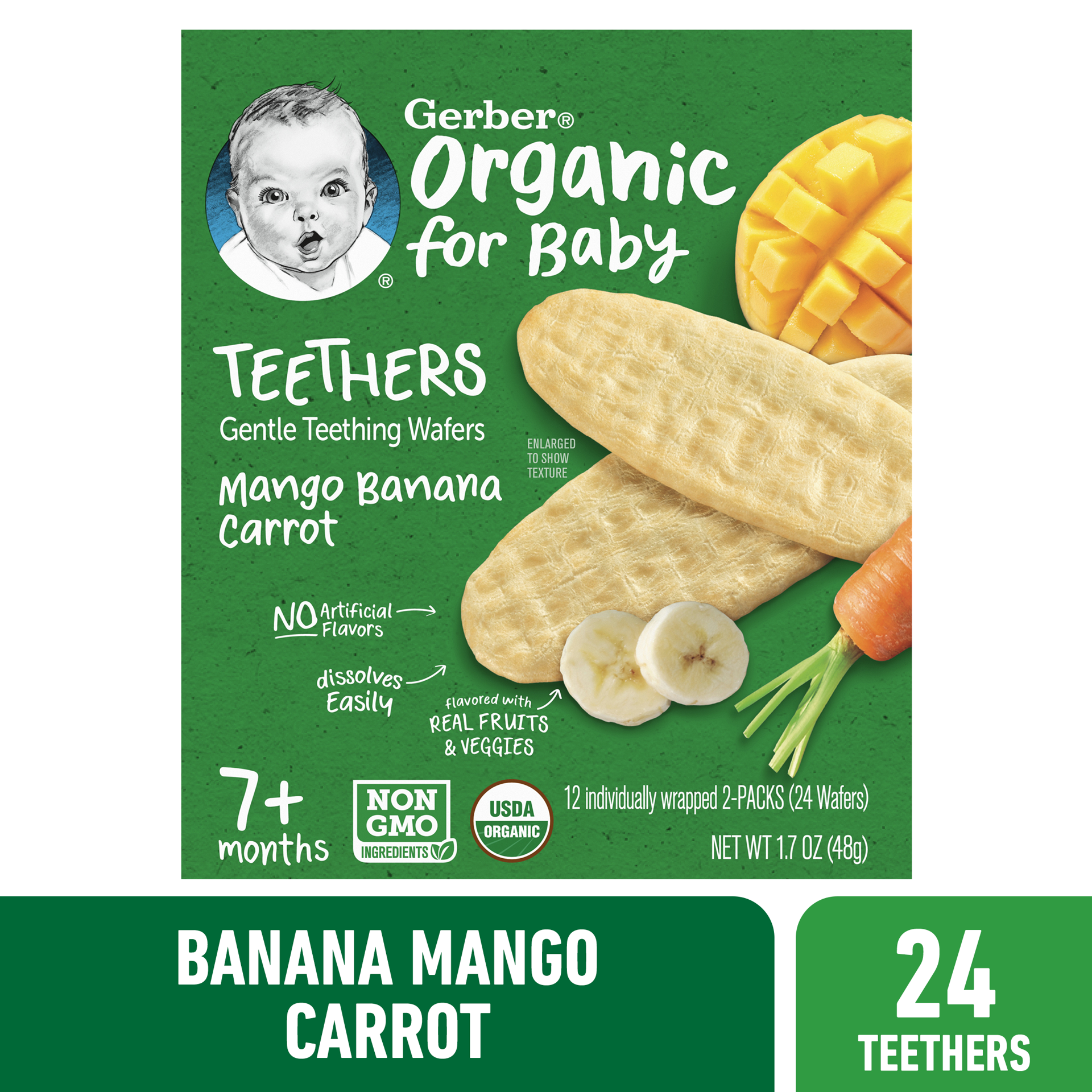 slide 1 of 5, Gerber Organic for Baby Teethers Mango Banana Carrot Gentle Teething Wafers 12 ea Snacks Carton, 1.7 oz