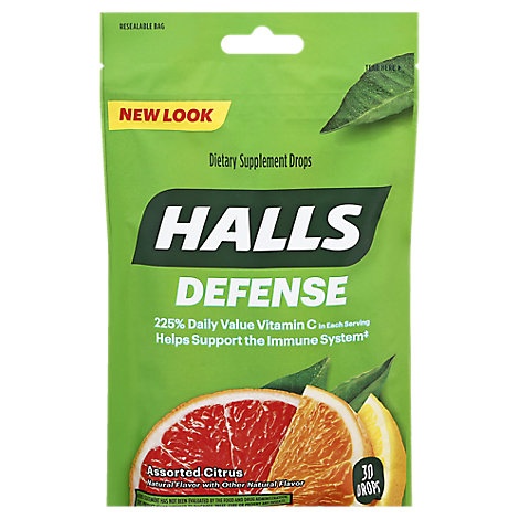 slide 1 of 1, Halls Defense Drops 100% Vitamin C Assorted Citrus - 30 Drops, 1 ct