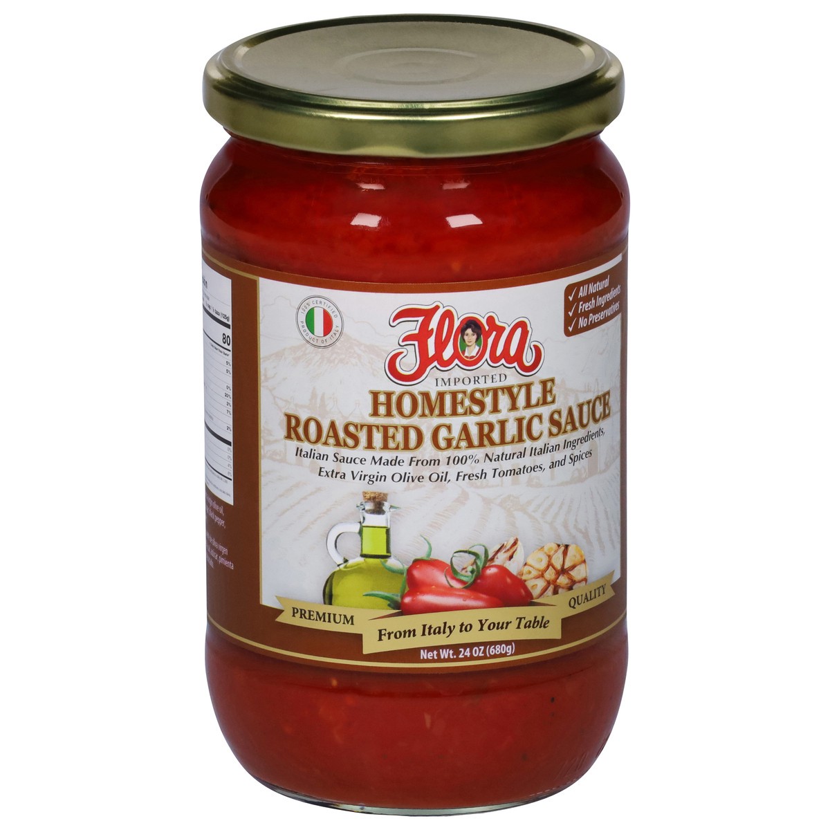 slide 4 of 9, FLORA FINE FOODS Garlic Pasta Sauce, 24 oz