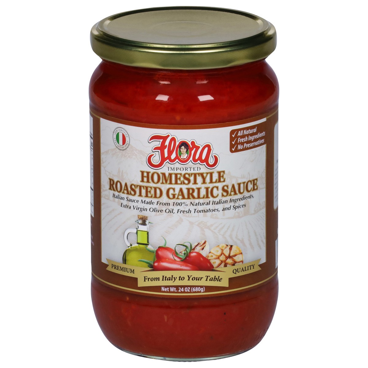 slide 1 of 9, FLORA FINE FOODS Garlic Pasta Sauce, 24 oz