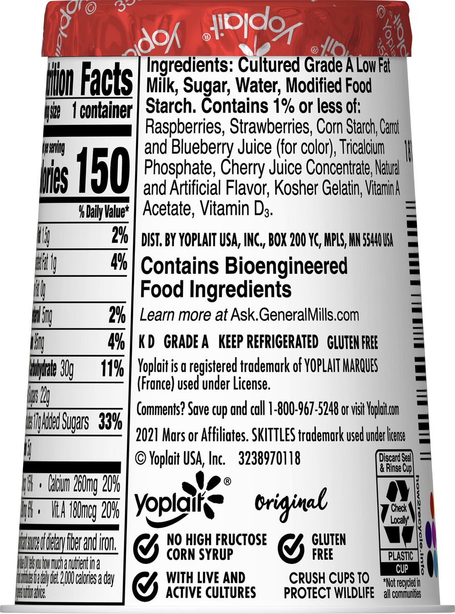 slide 13 of 13, Yoplait Original Skittles Wild Berry Low Fat Yogurt, 6 OZ Yogurt Cup, 6 oz