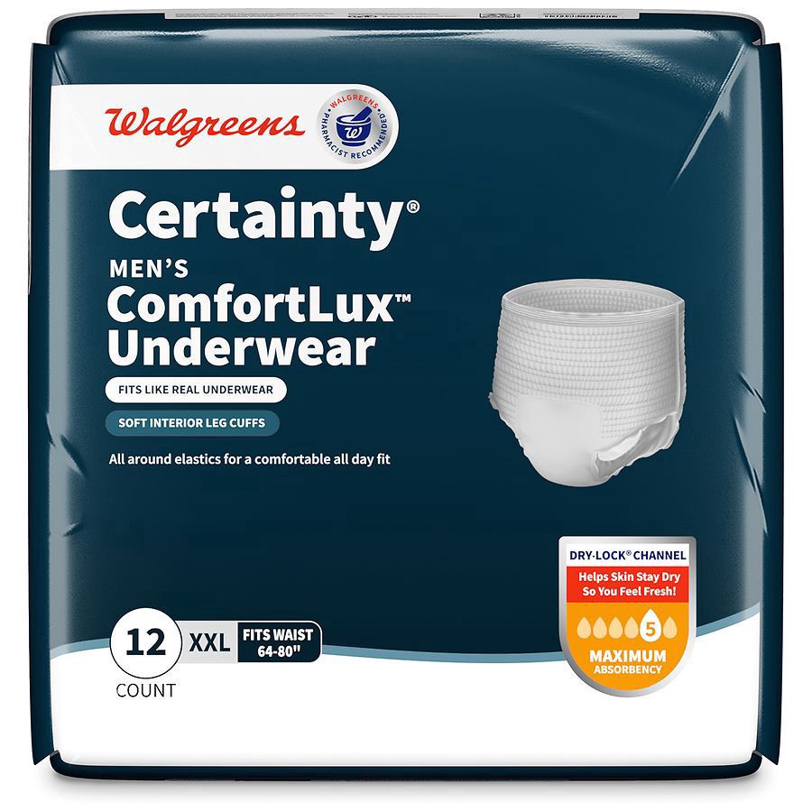 slide 5 of 5, Walgreens Certainty ComfortLux Adult Incontinence Underwear for Men, Maximum Absorbency 2XL, 12 ct
