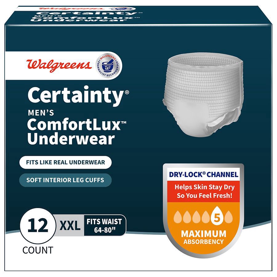 slide 1 of 5, Walgreens Certainty ComfortLux Adult Incontinence Underwear for Men, Maximum Absorbency 2XL, 12 ct