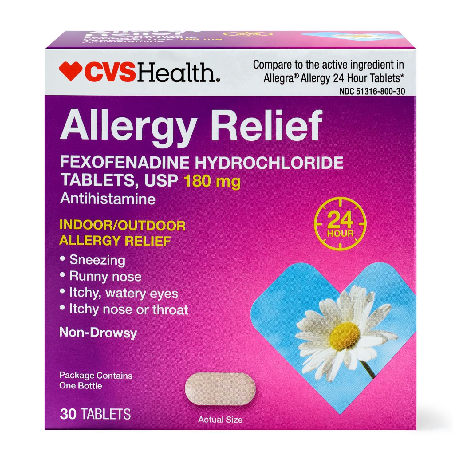 slide 1 of 1, Cvs Health 24Hr Non Drowsy Allergy Relief Fexofenadine Hcl Tablets, 30 Ct, 30 ct
