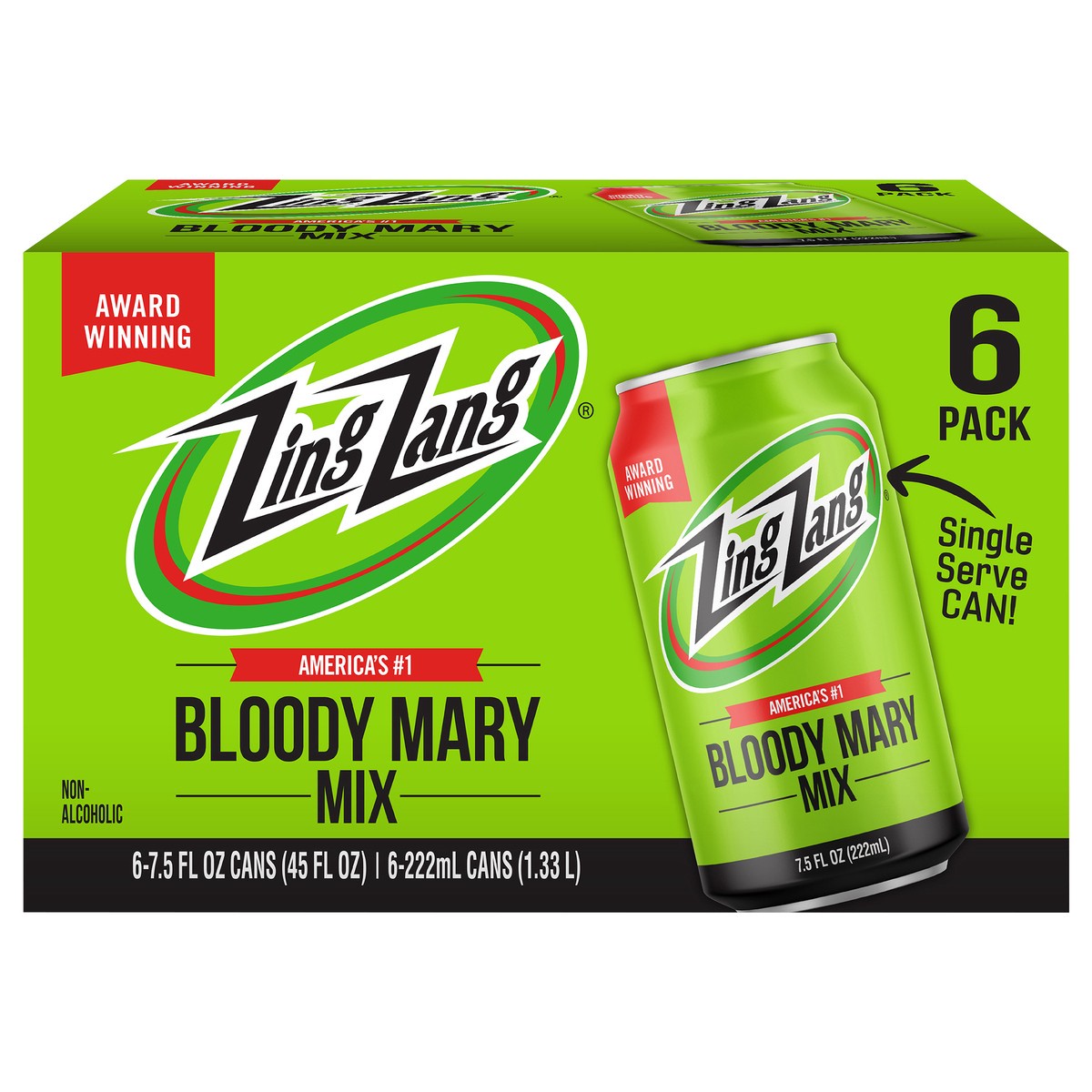 slide 1 of 9, Zing Zang Bloody Mary Mix, Non-Alcoholic Cocktail Mixer, 7.5 Fl Oz Cans (Pack of 6), 6 ct; 7.5 oz