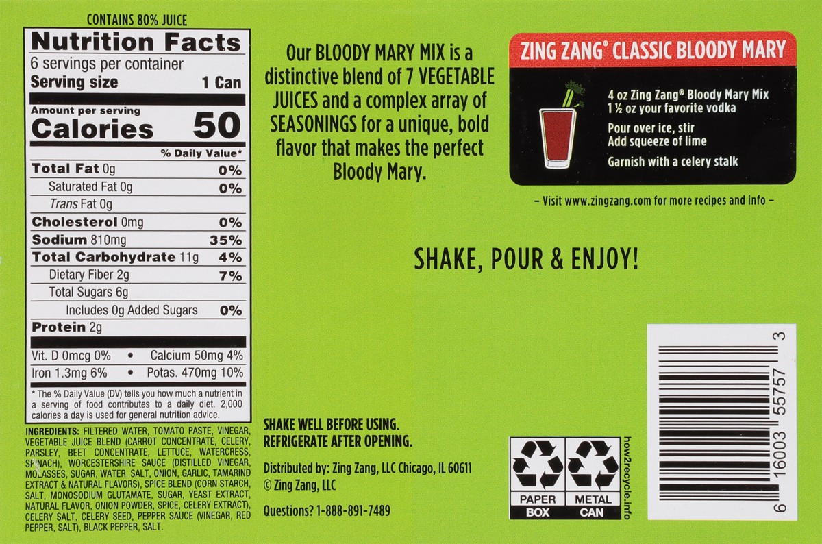 slide 7 of 9, Zing Zang Bloody Mary Mix, Non-Alcoholic Cocktail Mixer, 7.5 Fl Oz Cans (Pack of 6), 6 ct; 7.5 oz
