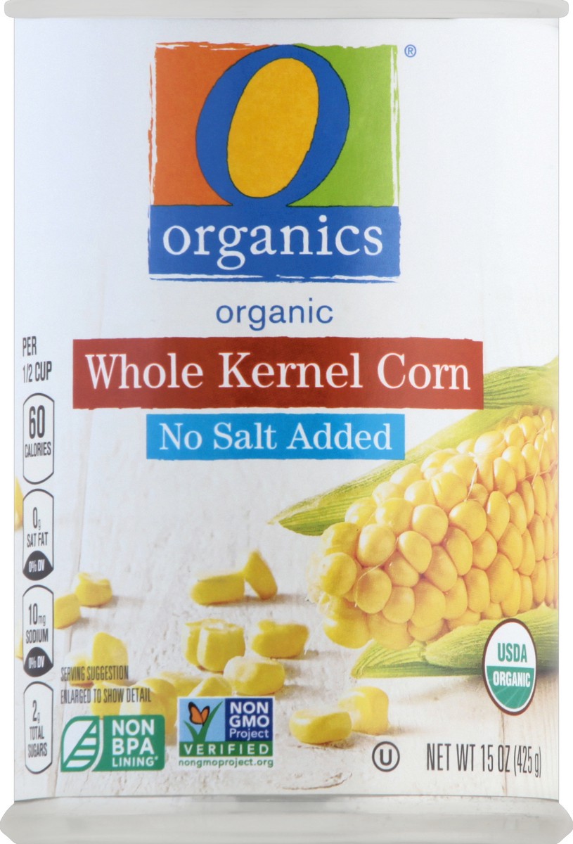 slide 1 of 9, O Organics Corn Whole Kernel No Salt Added, 15 oz