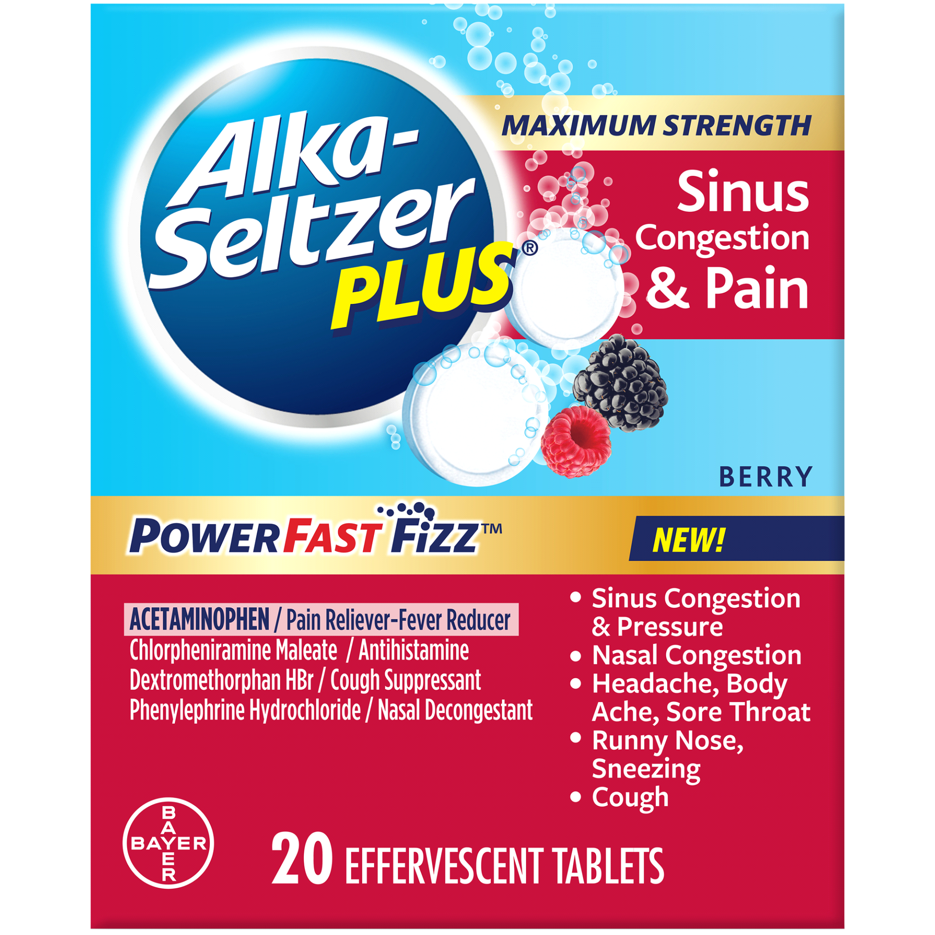 slide 1 of 1, Alka-Seltzer Plus Berry Max Strength Sinus Congestion & Pain, 20 ct