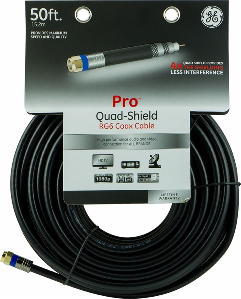 slide 1 of 1, Ge Pro Quad-Shield Rg6 Coax Cable - Black, 50 ft