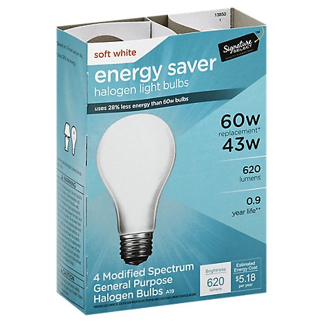 slide 1 of 1, Signature Select/Home Light Bulb Halogen Soft White 43W 620 Lumens, 4 ct