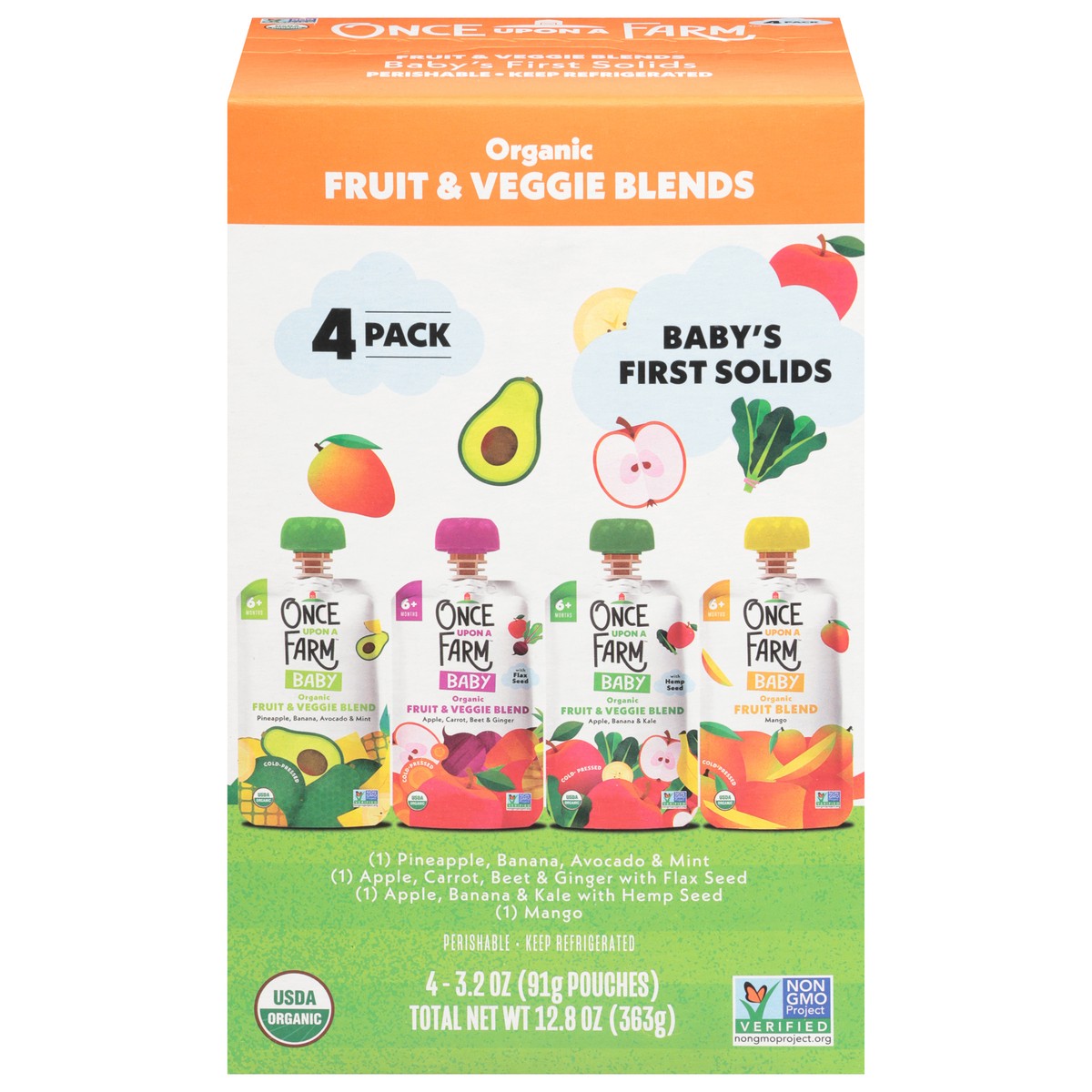 slide 1 of 14, Once Upon a Farm Organic 6+ Months Baby Assorted Fruit & Veggie Blends 4 - 3.2 oz Pouches, 4 ct; 3.2 oz