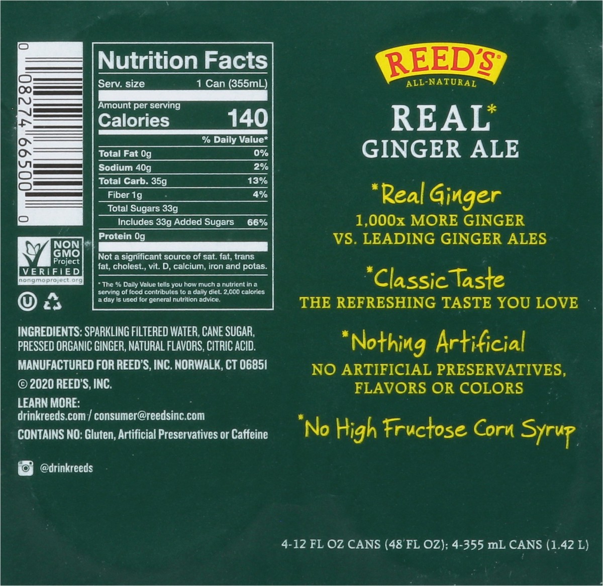 slide 4 of 9, Reed's Real Original Ginger Ale 4 - 12 fl oz Cans, 4 ct; 12 fl oz