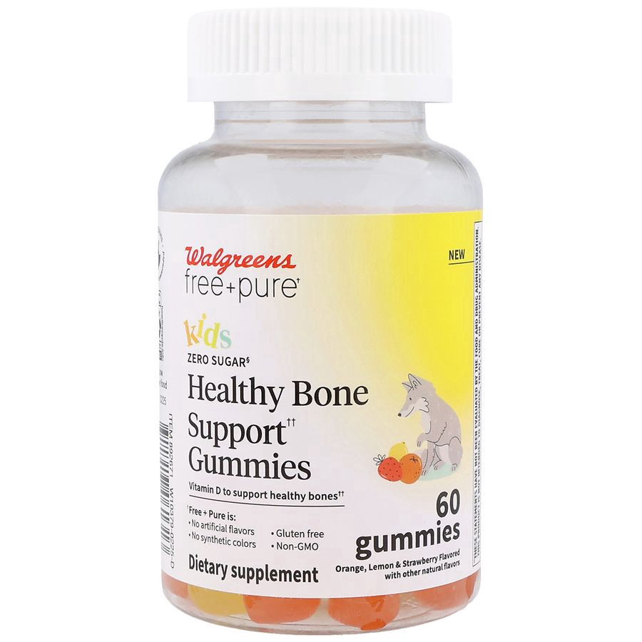 slide 1 of 5, Walgreens Free & Pure Kids Healthy Bone Support Gummies Orange, Lemon & Strawberry, 60 ct