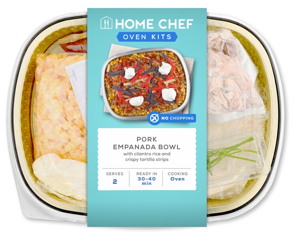 slide 1 of 1, Home Chef Oven-Ready Pork Empanada Bowl With Fajita Rice And Crispy Tortilla Strips, 33 oz