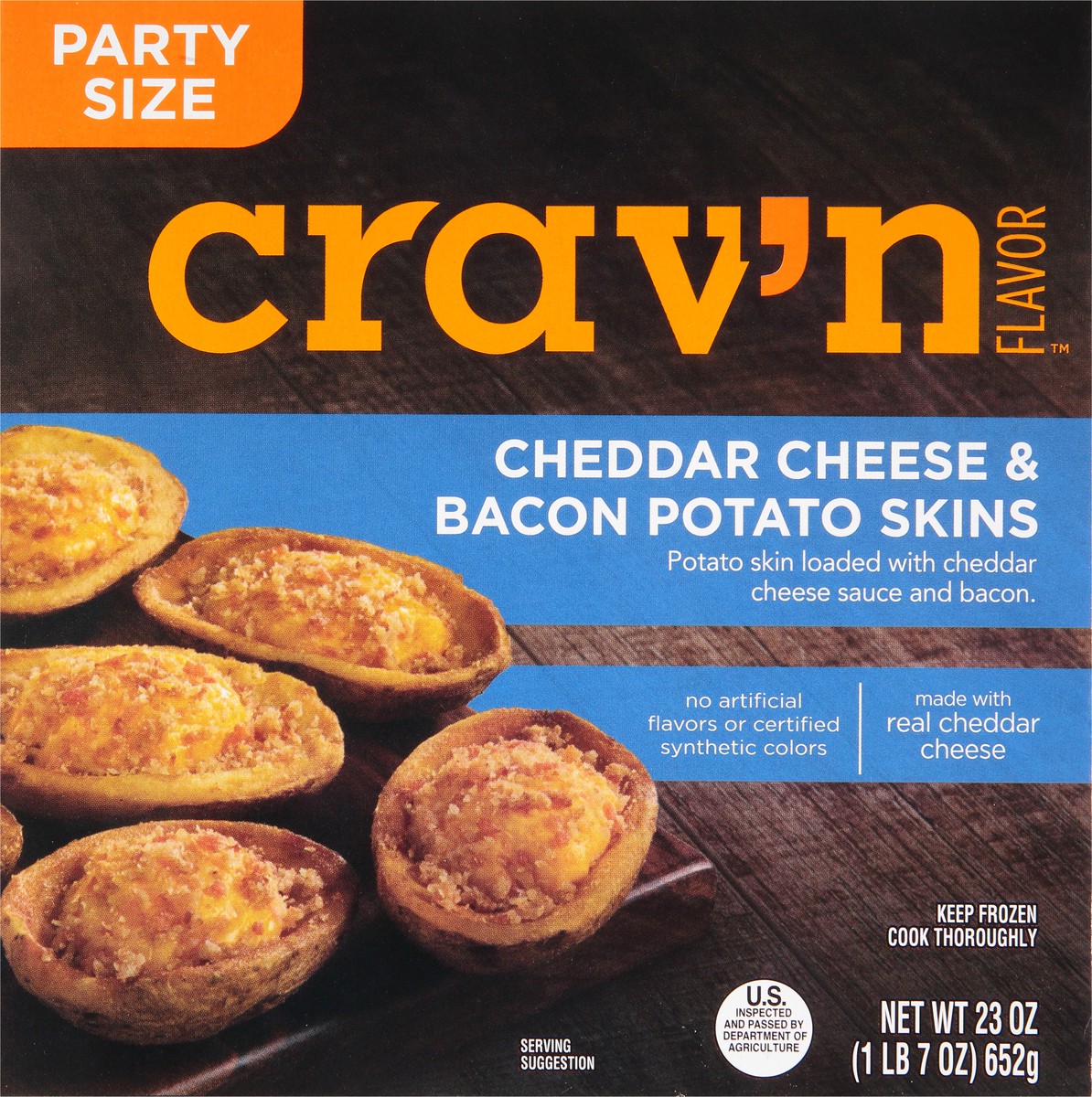 slide 6 of 9, Crav'n Flavor Party Size Cheddar Cheese & Bacon Potato Skins 23 oz, 23 oz