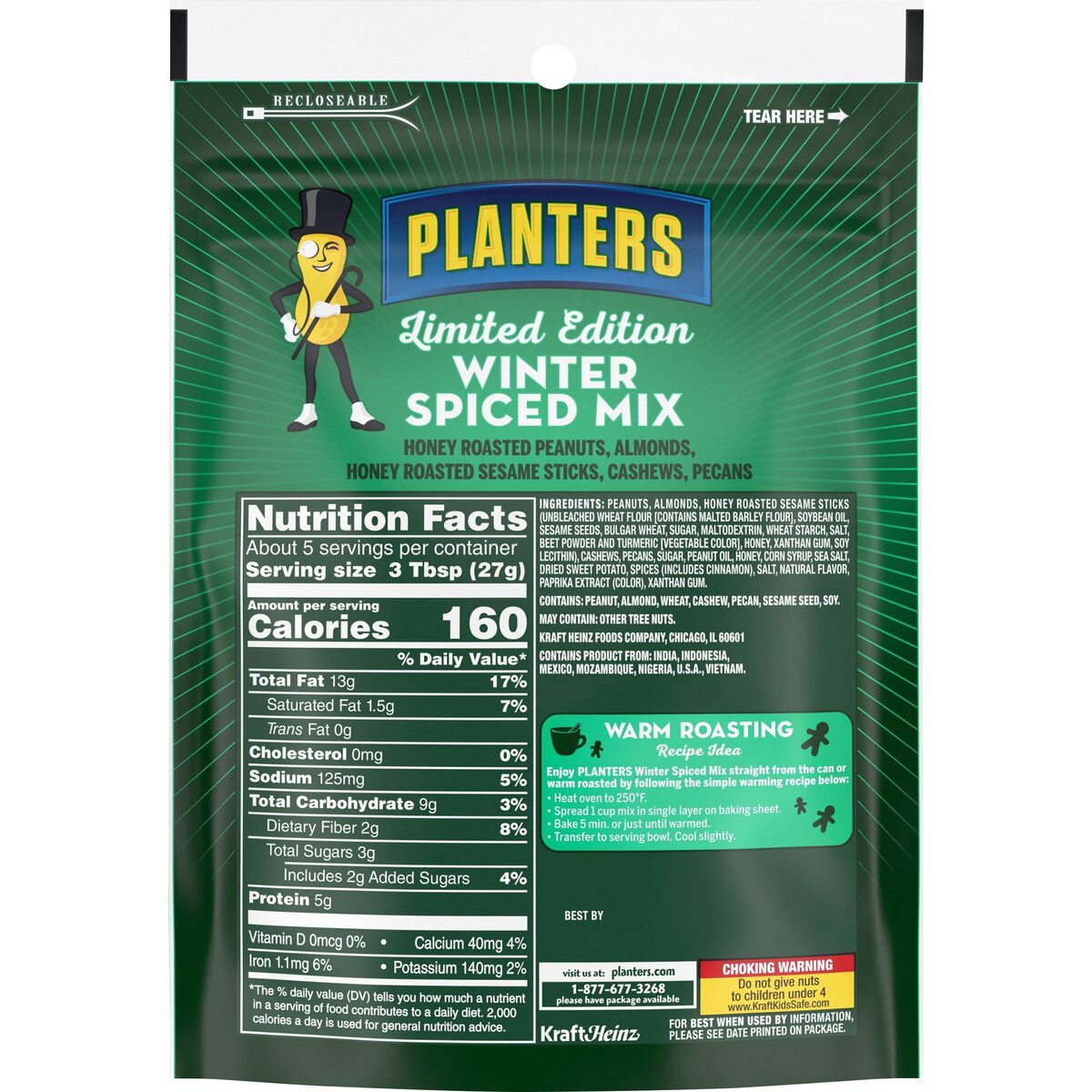 slide 8 of 8, Planters Limited Edition Winter Spiced Trail Mix Snack with Honey Peanuts, Almonds, Honey Sesame Sticks, Cashews & Pecans, 5.5 oz