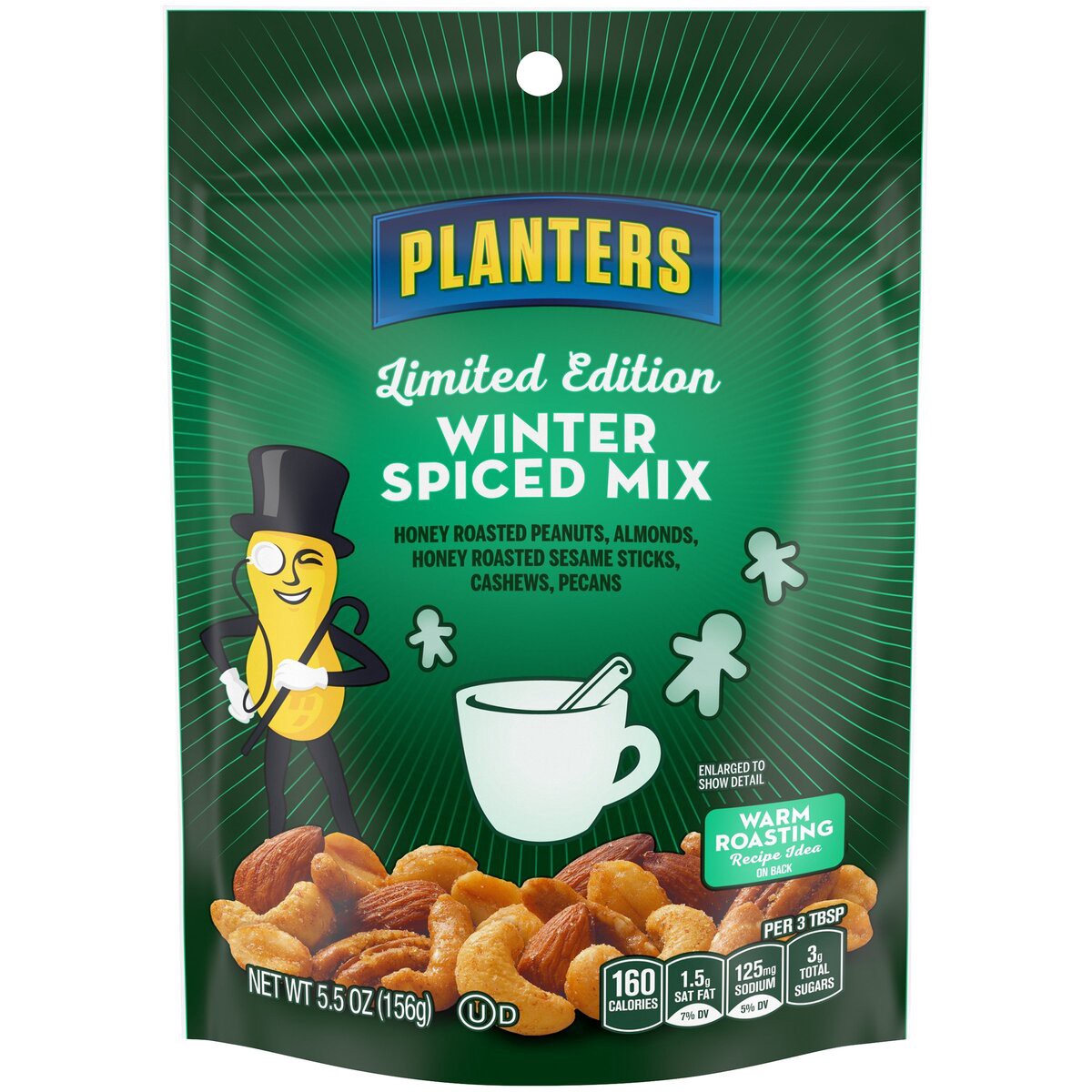 slide 1 of 8, Planters Limited Edition Winter Spiced Trail Mix Snack with Honey Peanuts, Almonds, Honey Sesame Sticks, Cashews & Pecans, 5.5 oz