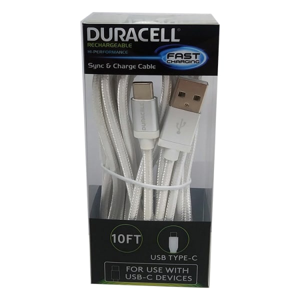 slide 1 of 1, Duracell Usb Type-C Cable, 10', White, Le2314, 1 ct