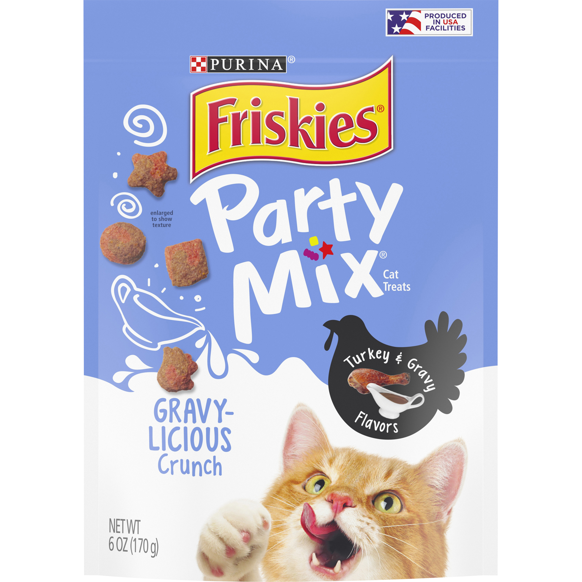 slide 1 of 9, Purina Friskies Made in USA Facilities Cat Treats, Party Mix Crunch Gravylicious Turkey & Gravy Flavors - 6 oz. Pouch, 