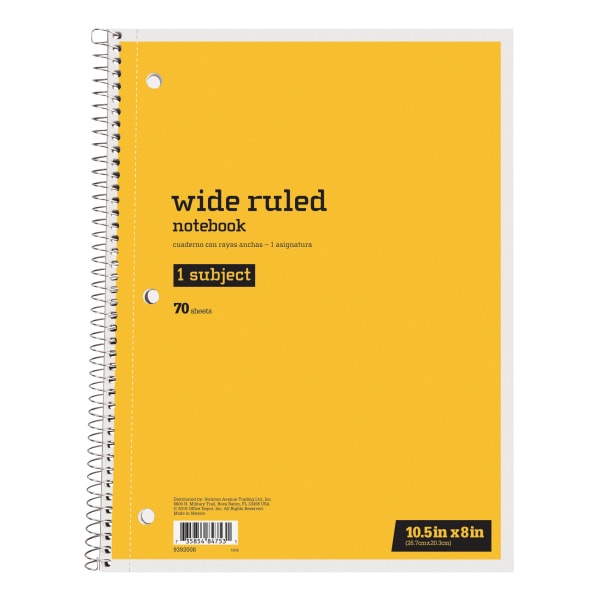 slide 1 of 1, Just Basics Spiral Notebook, 1 Subject, Wide Ruled, Yellow, 70 ct; 8 in x 10 1/2 in