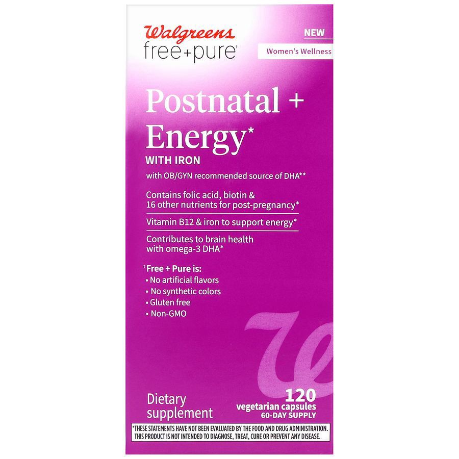 slide 5 of 5, Walgreens Free & Pure Postnatal + Energy with Iron Vegetarian Capsules, 120 ct
