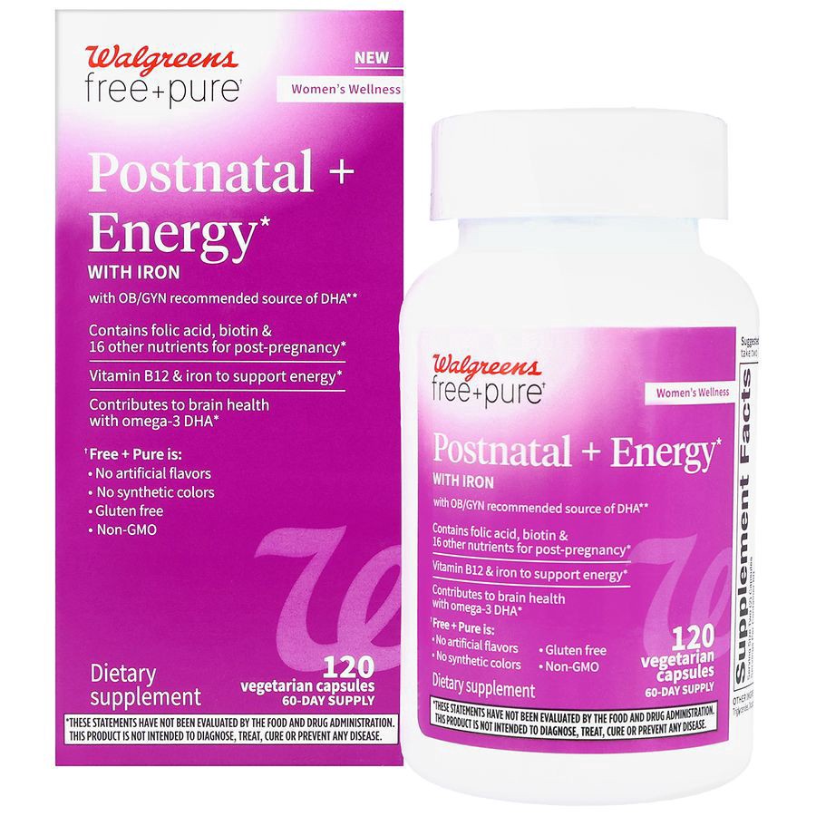 slide 1 of 5, Walgreens Free & Pure Postnatal + Energy with Iron Vegetarian Capsules, 120 ct