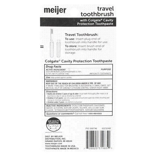 slide 20 of 29, Meijer Travel Toothbrush with Colgate Toothpaste, 1 Kit, .85 OZ