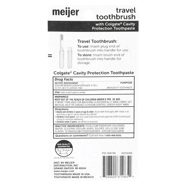 slide 5 of 29, Meijer Travel Toothbrush with Colgate Toothpaste, 1 Kit, .85 OZ