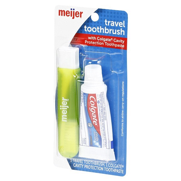 slide 15 of 29, Meijer Travel Toothbrush with Colgate Toothpaste, 1 Kit, .85 OZ