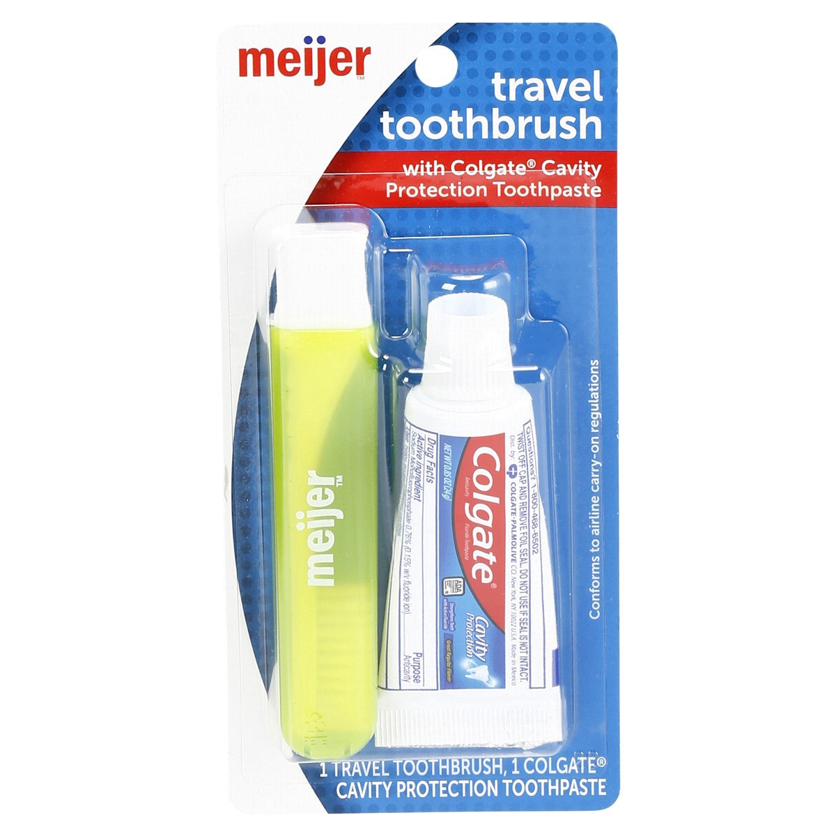 slide 1 of 29, Meijer Travel Toothbrush with Colgate Toothpaste, 1 Kit, .85 OZ