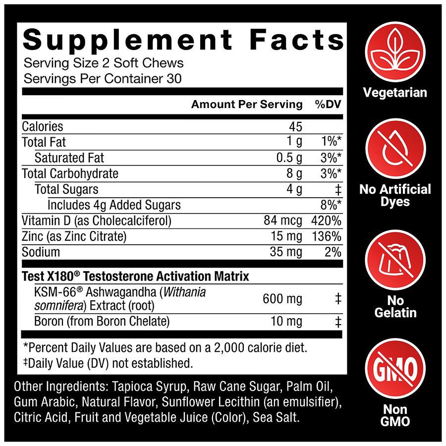 slide 3 of 5, Force Factor Berry Blast Flavor Test X180 60 Soft Chews, 60 ct